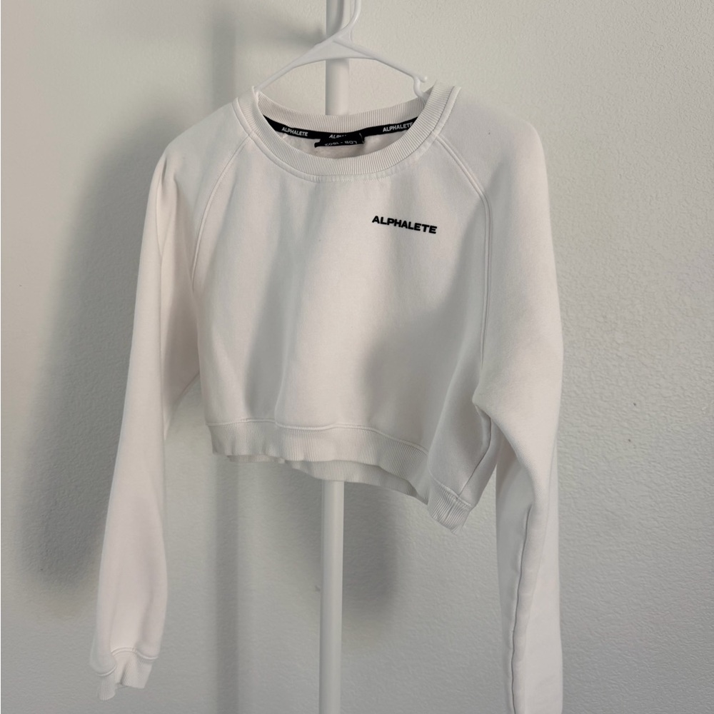 Alphalete White Cropped Crew Sweatshirt with Black Logo